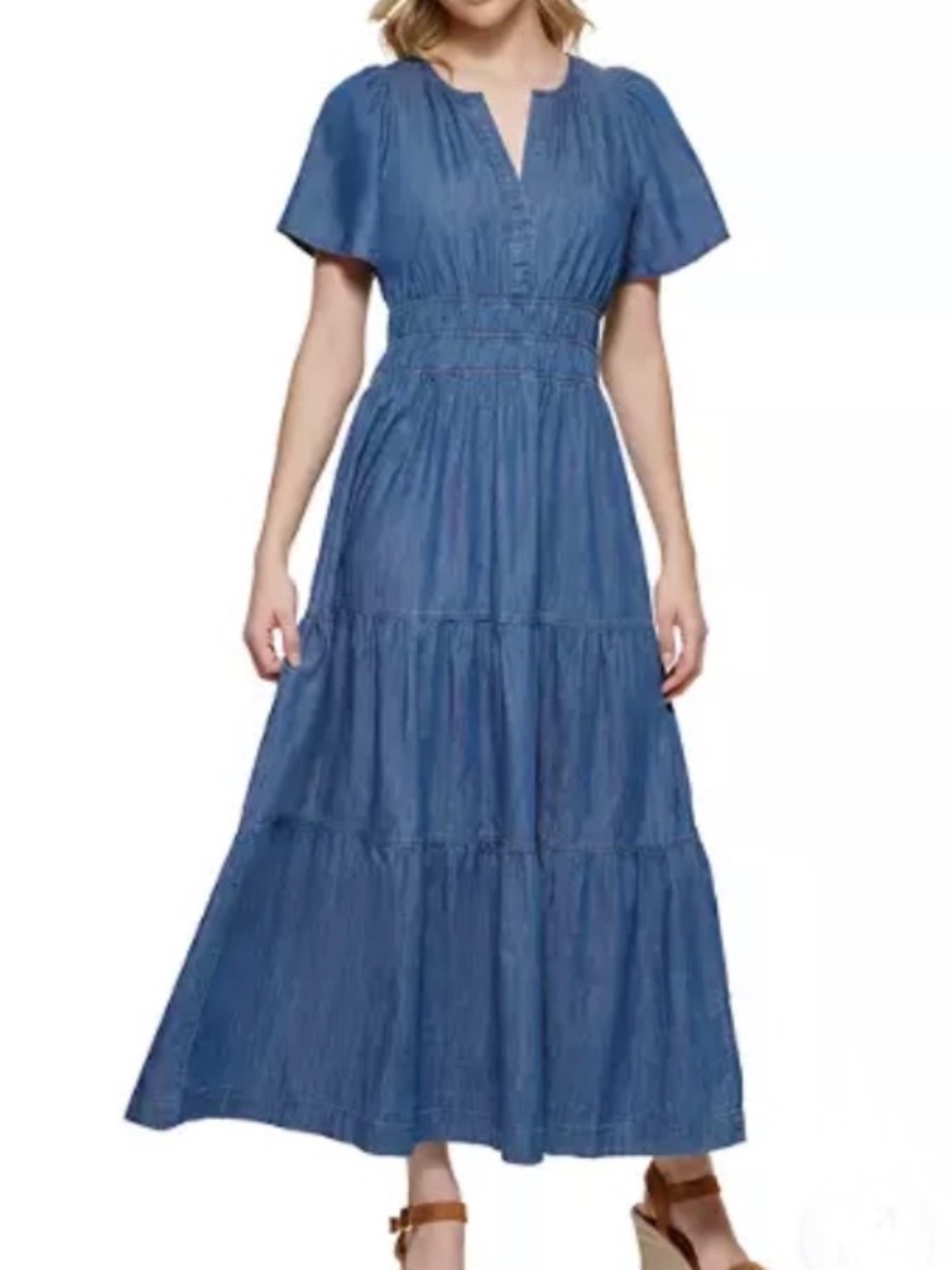 Tommy Hilfiger Women's Short Flare Sleeve Ruched Waist Tiered Maxi Dress